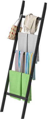 POXAKA Blanket Ladders for The Living Room, 5-Tier Blanket Holder, Wall-Leaning Blanket Rack, Ladder Shelves, Wooden Quilt Ladder, Farmhouse Decor, Scarf Ladder Shelves for Living Room, Bedroom