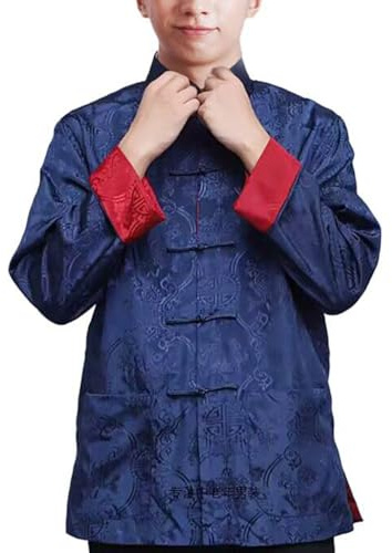 Cinese Capodanno Uomini Tradizionale Tang Giacca Kung Fu Wing Chun Uniforme Festa di Nozze Manica Lunga Top Coat, 50# blu/rosso, Large