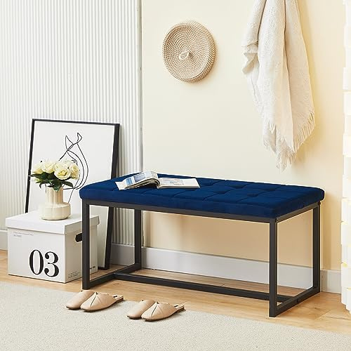 CLIPOP Banco de Comedor Acolchado 100 cm con Funda de Terciopelo y Patas de Metal Banco de Cocina Banco Tapizado de Estilo Moderno para Comedor Pasillo Dormitorio Guardarropa Cocina (Azul)