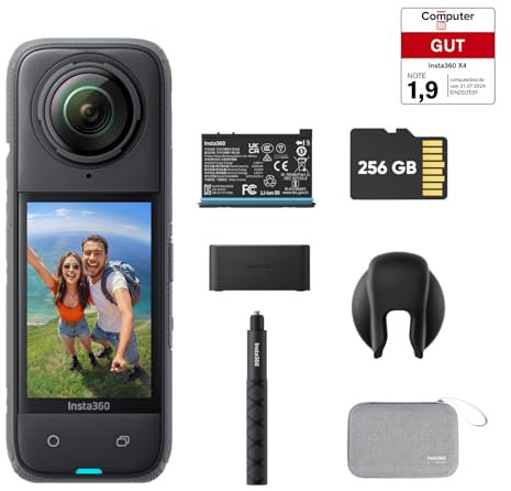 Insta360 X4 Ausdauer-Bundle – wasserdichte 8K 360°-Action-Cam, 4K Weitwinkelvideos, Unsichtbarer Selfie-Stick, Abnehmbarer Linsenschutz, 135 min Akkulaufzeit, KI-Bearbeitung, Stabilisierung