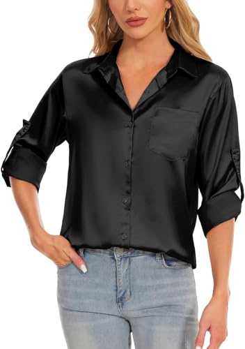 Atxnn Chemisier Femme Blouse Boutons À Manches 3/4 Tops Chic et Élégant Chemisiers Col en V La Soie Tops pour Le Bureau Décontracté