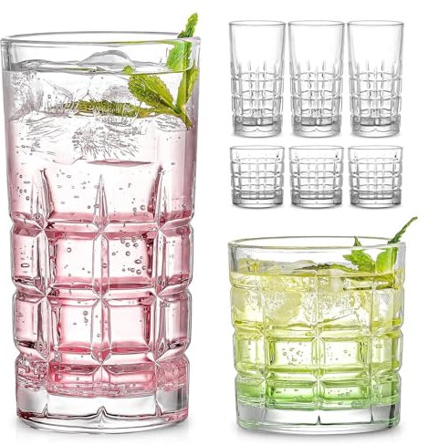 Gikisla Bulk Drinking Glasses Set of 6, 15 oz Large Highball Water Glasses & 11 oz Cocktail Glasses Set, Kitchen Water Glasses Cup, Bar Tumbler Glassware Set for Whiskey, Juice, Cocktails, Beer