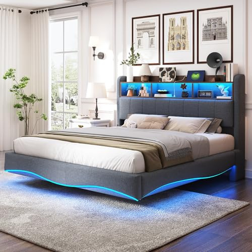 KUAKE Letto matrimoniale imbottito 160x200, letto contenitore multifunzionale con luce LED, interfaccia USB e Type-C, tessuto di lino (grigio, 160x200cm)