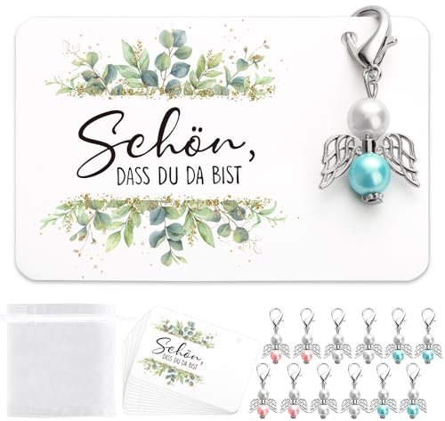 BOOMTOP 12 Schutzengel Schlüsselanhänger Gastgeschenk Kommunion Taufe Hochzeit Schön, dass du da bist Geschenke Engel Anhänger Kleine Glücksbringer Junge Mädchen Party Mitbringsel Blau Rosa Weiß