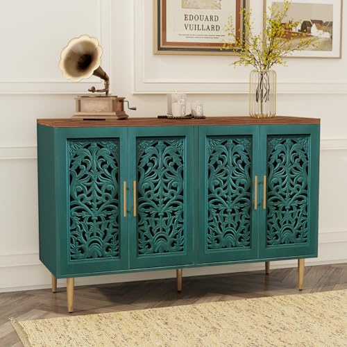 HOLTICO Sideboards for Living Room, Wooden Sideboard Storage Cabinet with 4 Hollow Carved Doors, Green Vintage Buffet Cabinet for Dining Room, Living Room, Hallway