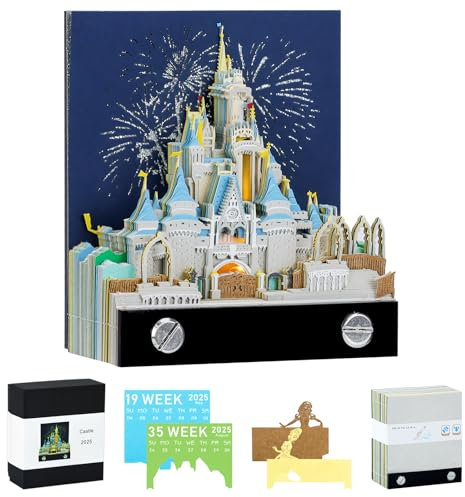 3D Kalender Abreißen 2026, Kreative 3D Tischkalender-Notizblock Papier Schnitzen, Magic Castle Wochenkalender mit Licht, Memo Pad Kalender Dekoration Geschenk für Einweihungsfeier Desktop-Ornament