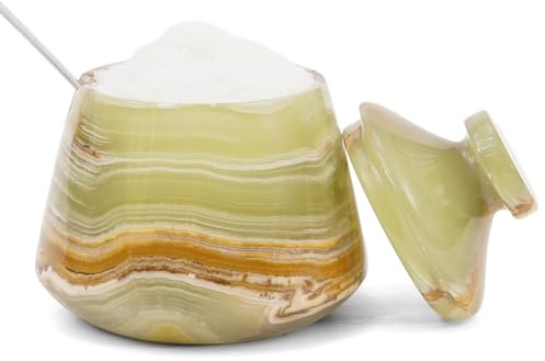 EARTHEN CRAFTS - Salero de mármol con tapa y cuchara, ónix verde, 7,6 cm, para sal y pimienta - Contenedor de almacenamiento para herramientas de condimento y especias - Sal moderna para decoración de
