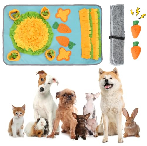 DEWEL Alfombra Olfativa Perros, Snuffle Mat con Zanahorias con Sonido, Juguete Interactivos para Perros, Manta de Actividades Mascota Plegable y Lavable, 78.5x48 cm (Azul Cielo)