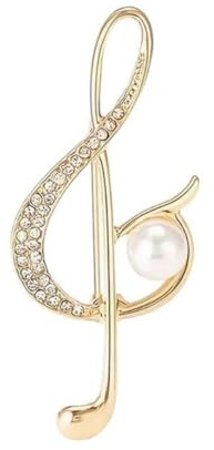 Broche bijou clé de sol doré perle et strass cristal blanc.