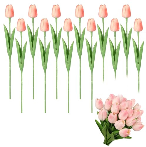 Aoyfuwell 12 Bouquets of Artificial Tulip Flowers Realistic, Pink Artificial Flowers, Latex Artificial Tulips, Look Real Real Touch Tulips Home Office DIY Floral Wedding Decorations