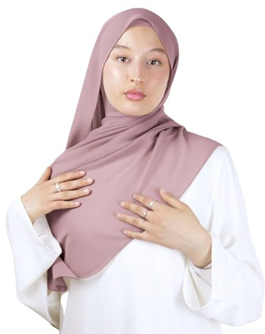 Hijab à Enfiler avec cagoule intégré en crêpe de luxe pour femme musulmane voilée châle islamique voile enfilable HE210 (Vieux Rose)