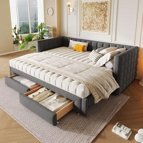 PUGSDRLY Canapé Lit Convertible 90/180x200cm avec 2 Tiroirs,canapé lit 2 Places Convertible Multifonctionnel,capitonné,sommier à Lattes,Tissu Velours,sans Matelas (Gris-B)