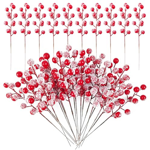 RONYOUNG 32PCS 9 Artificial Holly Berry Stems Christmas Berry Picks Sprays Snowy Fake Red Berries for Christmas Tree Branches Fillers Ornaments Valentine DIY Crafts Wedding Home Party Winter Decor