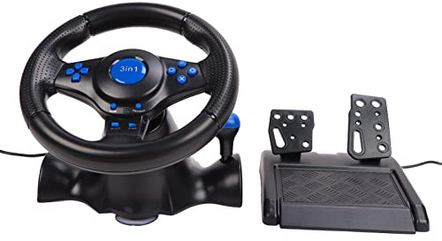 Yosoo Volante da Gioco, Effetto a Doppia Vibrazione di Rotazione a 180 Gradi USB 3 in 1 Ruota da Corsa di Gioco con Pedali per l'uso di PC