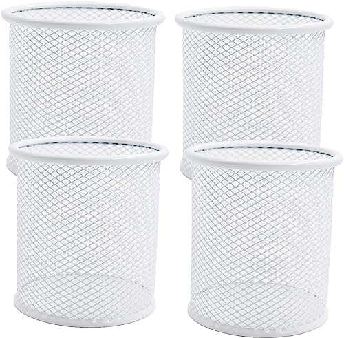 SNOW COOLER Pen Holder Mesh Pencil Holder Metal Pen Holder Cup Pencil Cup Holder for Desk Office Pen Organizer White, 4 Pack