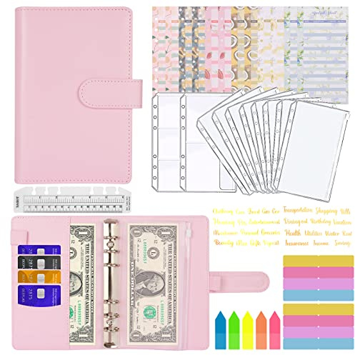 Portadocumenti in Pelle A6 PU,MARICATO 29pcs 6 Anelli,Raccoglitore Notebook con Buste Trasparenti Rimovibile e Budget Planner,per Lavoro e Casa, Contanti Organizzatore-Rosa