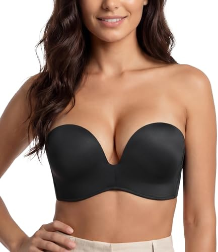Lemorosy Soutien-Gorge Femmes sans Bretelles avec Rembourré Push up Design d'ailes Confortable(Noir,90C)