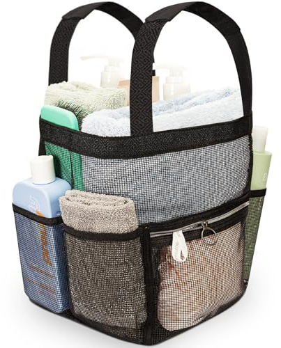 DV Lifestyle Mesh Shower Caddy Dorm, 7 Pockets & 1 with Zipper, Bathroom Tote with Padded Handles, Portable Travel Bath Bag, College Room Essentials (Black)