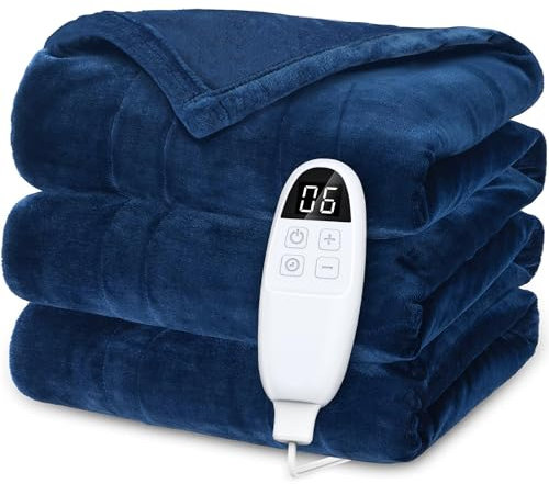 Heizdecke 200x180, Wärmedecke Heizdecke mit Abschaltautomatik und 6 Einstellbaren Temperaturstufen, Elektrische Heizdecke Kuscheldecke in der waschbar bis zu 40°C (Blau)