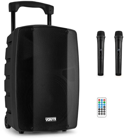 Vonyx VSP200 Musik Box 200 Watt Partybox mit Zwei Mikrofonen, Musikbox Bluetooth Lautsprecher, tragbare Akku Soundbox, BT 5.0, USB, SD, MP3 Player, Party Speaker - Schwarz