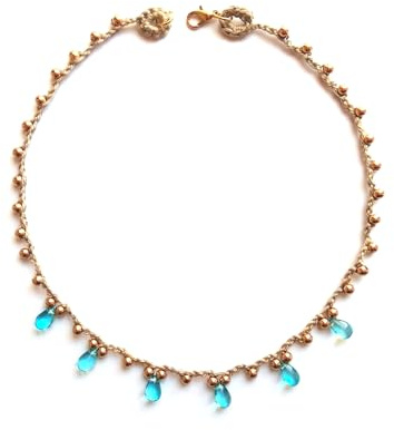 collana boho/minimalista, girocollo con perline di vetro a goccia e perline di metallo, beige/dorato/turchese, Gioielli all'uncinetto, Made in Italy, Bijoux da donna, Lavorazione Artigianale