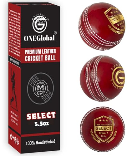 ONEGlobal Select Leather Cricket Ball for Match, Practice & Training | Senior 5.5oz & Junior 4.75oz Genuine Leather Hard Cricket Balls in Red, White, Pink or Red&White (3-RED, Senior)