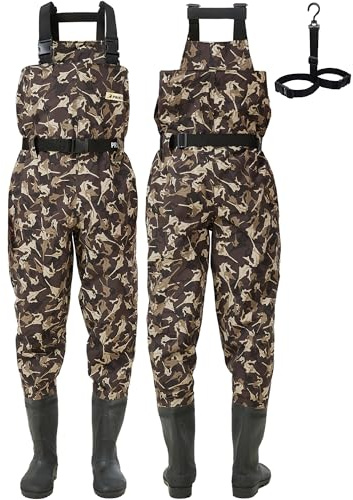 Pristis CAMO Waterproof Fishing Wader with Bootfoot for Men Women, Chest Wader Bag & Boot Hanger for Wading Fly Fishing, Camo, XS/S