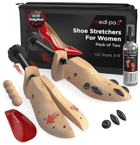 Medipaq Premium Wooden Shoe Stretchers with Stretching Spray - Two-Way Adjustable Shoe Expander for Women, Cedar Balls, and Storage Bag