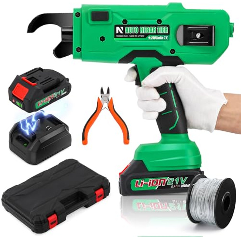 NEWTRY 20V Lieur fil fer d'armatures Professionnel Automatique Pince à Ligature sur Batterie pour Barres d'acier de 0,3'' ~ 1.33'' (7~34mm), avec 2 Batteries 2,0 Ah et Chargeur (vert)