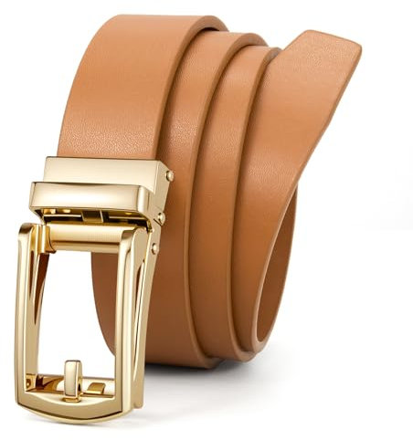 JasGood Automatik Ledergürtel Damen Ratschengürtel für Jeans Hosen Kleider Verstellbarer Ohne Löcher Damen Gürtel mit Goldfarbener Schnalle 30mm Breite,Braun,130cm