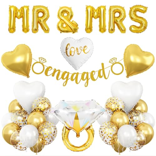 Gold Engagement Party Decorations, MR and MRS Balloons Decor, White Gold Metallic Confetti Balloon, Love Heart and Diamond Ring Foil Balloon with Engaged Banner for Wedding Engagement Party Decoration