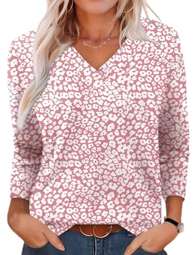 Women Blouses Valentines Long Sleeve Shirts for Women Pink Leopard Print V Neck Fall Tops Fashion 2025 Beach Vacation Clothes S