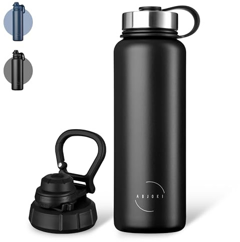 Abjoki Edelstahl Trinkflasche 1200ml „Infinity“ - auslaufsicher dank Sicherungsverschluss - BPA-frei, LFGB-Zertifiziert - mit 2 Deckel - Thermosflasche für Sport & Outdoor - Onyx Black