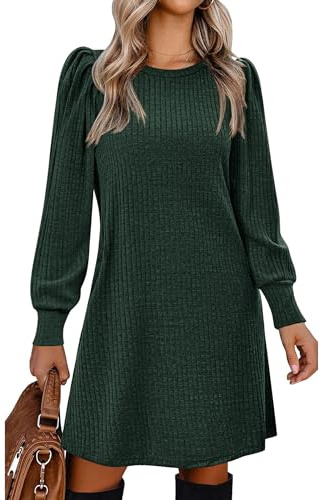 Zeagoo Jumper Dresses for Women UK Puff Ladies Dresses Casual Tunic Dress Long Sleeve Dress with Pockets Green M