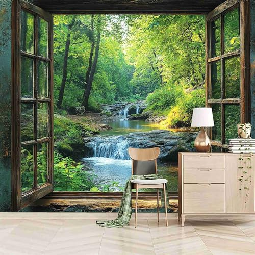 Generico carta da parati camera 250x420cm Splendida Vista Della Cascata E Del Ruscello Fuori Dalla Finestra carta da parati tessuto non tessuto Decorazione 3D su tela pittorica,per la parete
