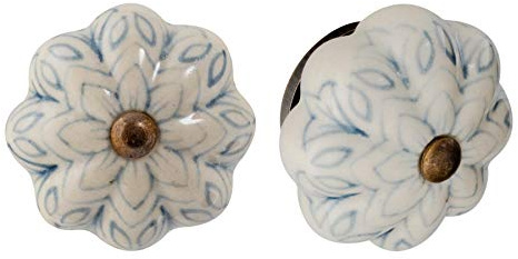 Nicola Spring Ceramic Cupboard Drawer Handle Knobs - Vintage Flower Design - Grey/Blue - Pack of 6