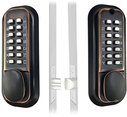 JOUNJIP Mechanisches schlüsselloses Kombinationsschloss [flache Spindel] – doppelseitige Tastenfelder für Tore, Zäune, Fenster – keine Batterie kein Strom erforderlich (ölgeriebene Bronze) – kein