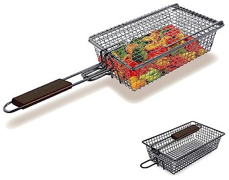 Yukon Glory™ Premium Grilling Basket, Designed Grill Vegetables, Seafood, Poultry and Meats, Unique Locking Mechanism to Easily Flip Food, Foldable Handle for Compact Storage