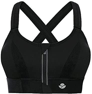 YIANNA Damen Sport BH Starker Halt Große Brüste Vorderverschluss Reißverschluss Bustier Yoga BH Ohne Bügel Gepolstert Sports Bra Top Schwarz, 151 Size L