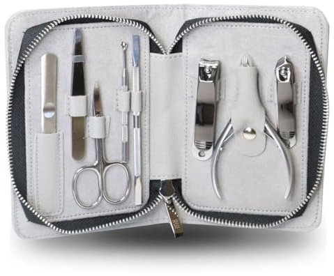 Rui Smiths Kit Manicure in Acciaio Inossidabile (8 Pezzi) - Set Completo Compatto da Viaggio per la Casa con Astuccio Grigio Testurizzato