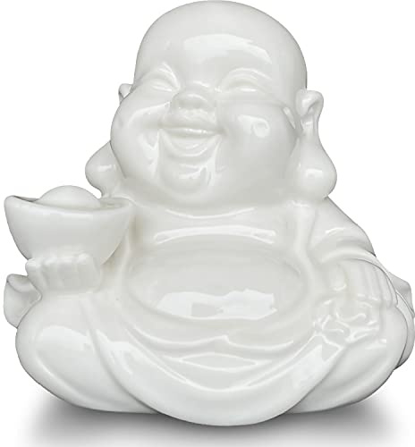 Houlu Small Laughing Buddha Statue for Good Luck, Ceramic White Lucky Happy Buddha Figurine for Home Decor, Office Decor, Garden Decor, Indoor/Outdoor