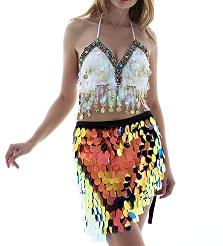 Sttiafay Falda de lentejuelas multicolor Falda de cadera de lentejuelas de danza del vientre Mini disfraz Rave para mujer