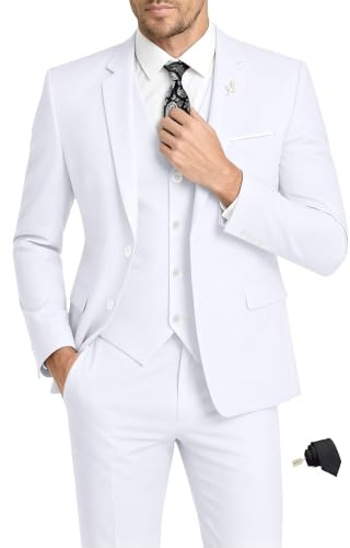 Costume 3 pièces pour homme coupe ajustée mariage témoins ensemble costume pour homme deux boutons veste unie gilet pantalon avec cravate, blanc, Taille XL