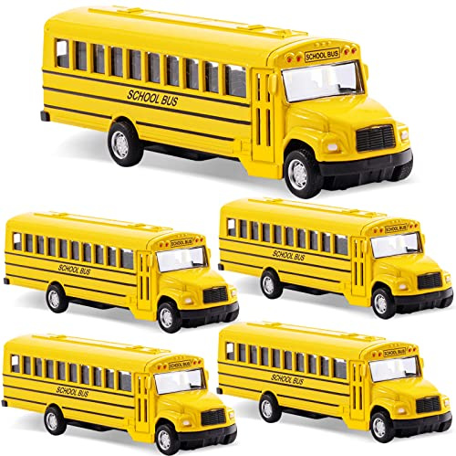 weilaga 5 Pack 5.5 Pull Back Yellow School Bus Playset,Durable Die-cast Metal Toy Vehicles,Party Favors,Best Birthday Gift for Boys Girls Kids Toddlers