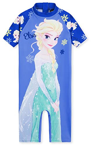 Disney Badeanzug Mädchen, Neoprenanzug Kurze Ärmel, Kurze Hose & Reißverschluss - Mädchen Geschenke (Blau ELSA, 3-4 Jahre)