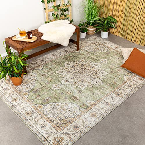 FRAAI | Home & Living Vintage Gartenteppich - Santo Medaillon Grün - Wetterfest - Polyester - Flachgewebe - Balkon, Garten/Terrasse - Terrasse - Rug