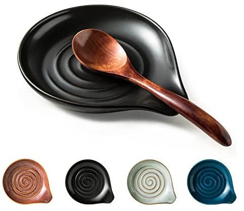 Cormomu Spoon Rest, Porcelain Drip Tray for Multiple Utensils, Cooking&Large Spoon Holder for Stove Top, Modern Farmhouse Kitchen Decor Utensil Holder for Spoons, Ladles, Tongs&Spatula, Black