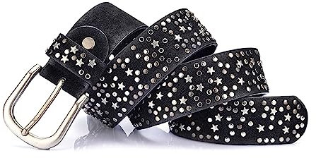 NIUXICH Damen Nietengürtel Pailletten Metallschnalle Breite Gürtel Metallstern Nietengürtel Kleidung Dekorativer Gürtel, Schwarz, 90cm