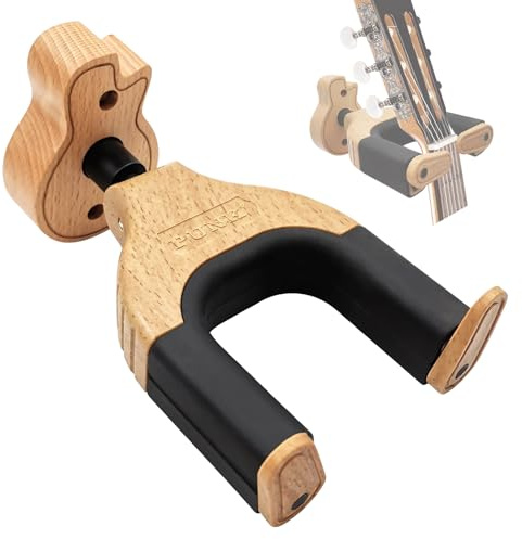 XHKDSYMC Auto Lock Guitar Wall Mount - Hard Wood Base Hanger in Guitar Shape for Acoustic, Electric, Classical, Bass - Hook Holder Accessories (Wood)