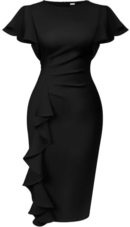 Memoriesea Women's Vintage Church Ruffle Sleeve Ruched Bodycon Work Midi Pencil Dress Black